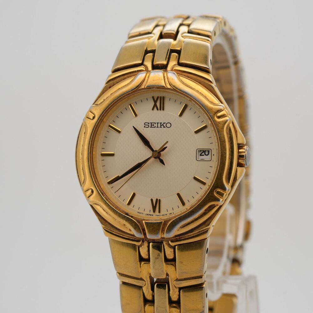 Seiko 7N42-6C10 Gold Tone 36mm Quartz Date Watch Integrated Bracelet New Battery